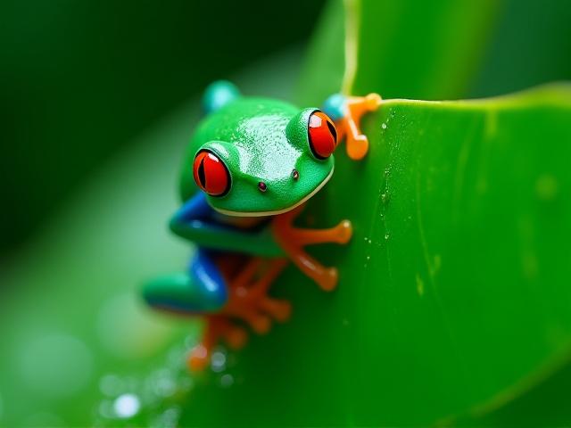 Élénk színű levelibéka egy nagy levélen