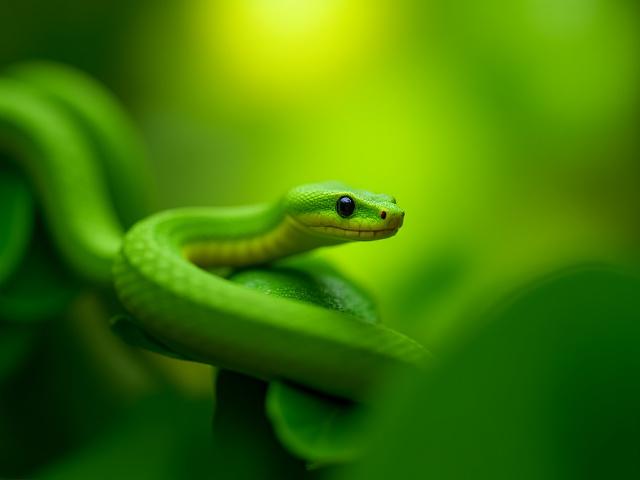 Zöld fán lakó kígyó napozik leveleken