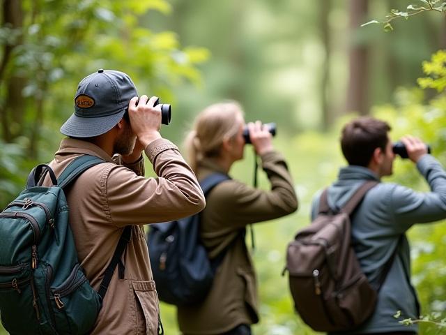 Csapat tagjai természetet figyelnek binokulárral