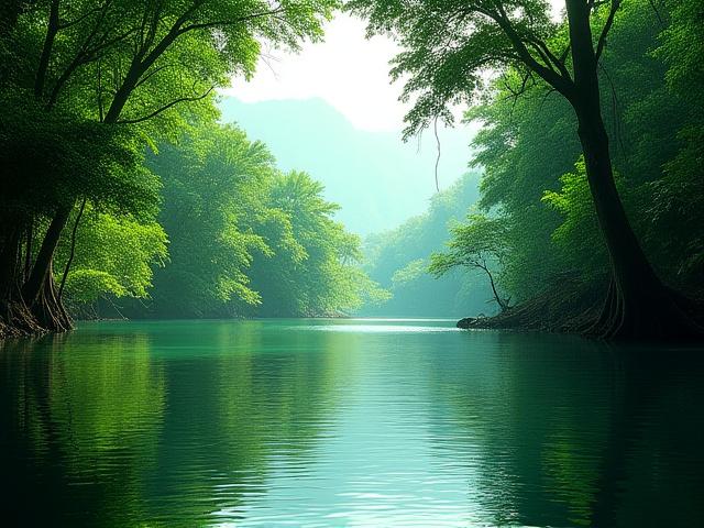 Békés trópusi folyópart buja növényzettel