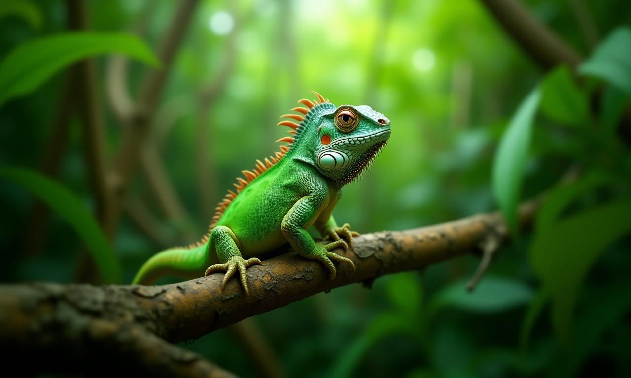 Zöld leguán egy trópusi erdőben, széles, természetfotózási stílusban, háttérben burjánzó növényzettel.